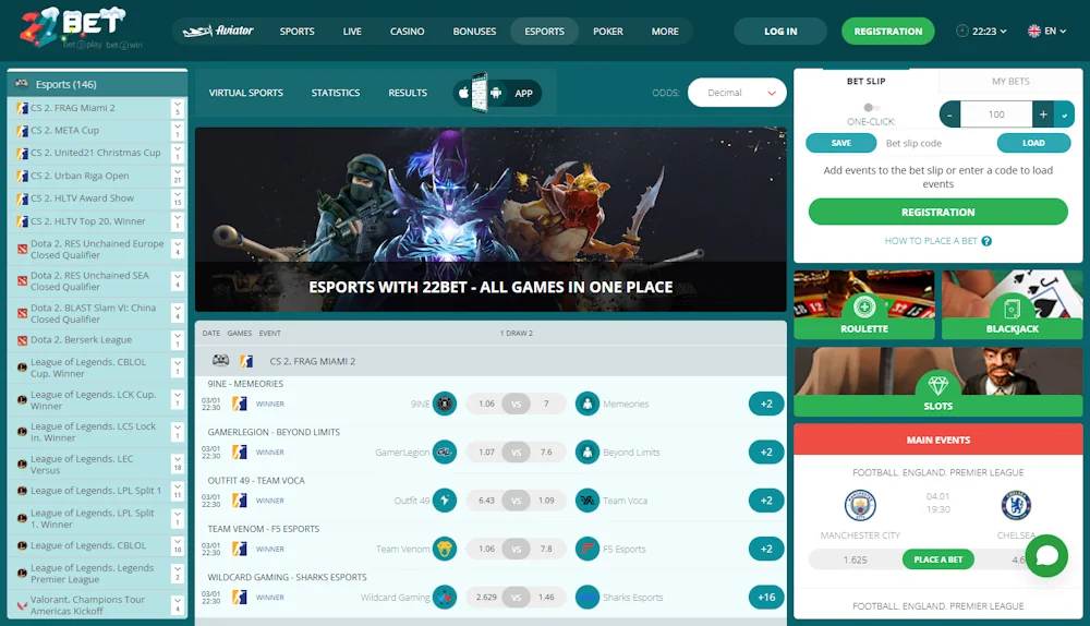22Bet Esports Betting Screenshot